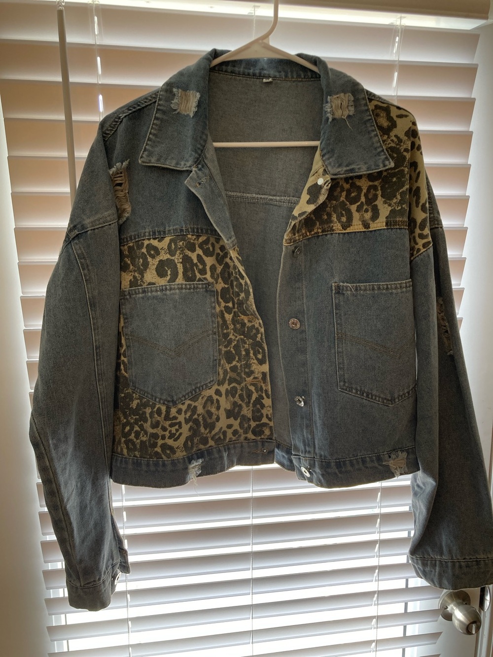 Women’s Oversized Denim Jacket with Leopard Panels - Blue